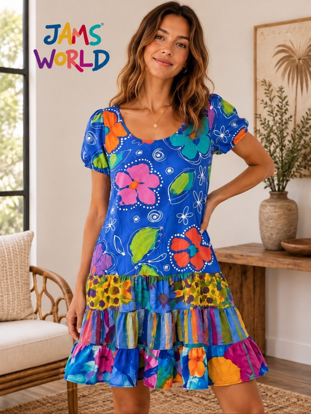 Jams World Floret Blue Floral Tiered Mini Dress Rayon‎ Colorful Size Small